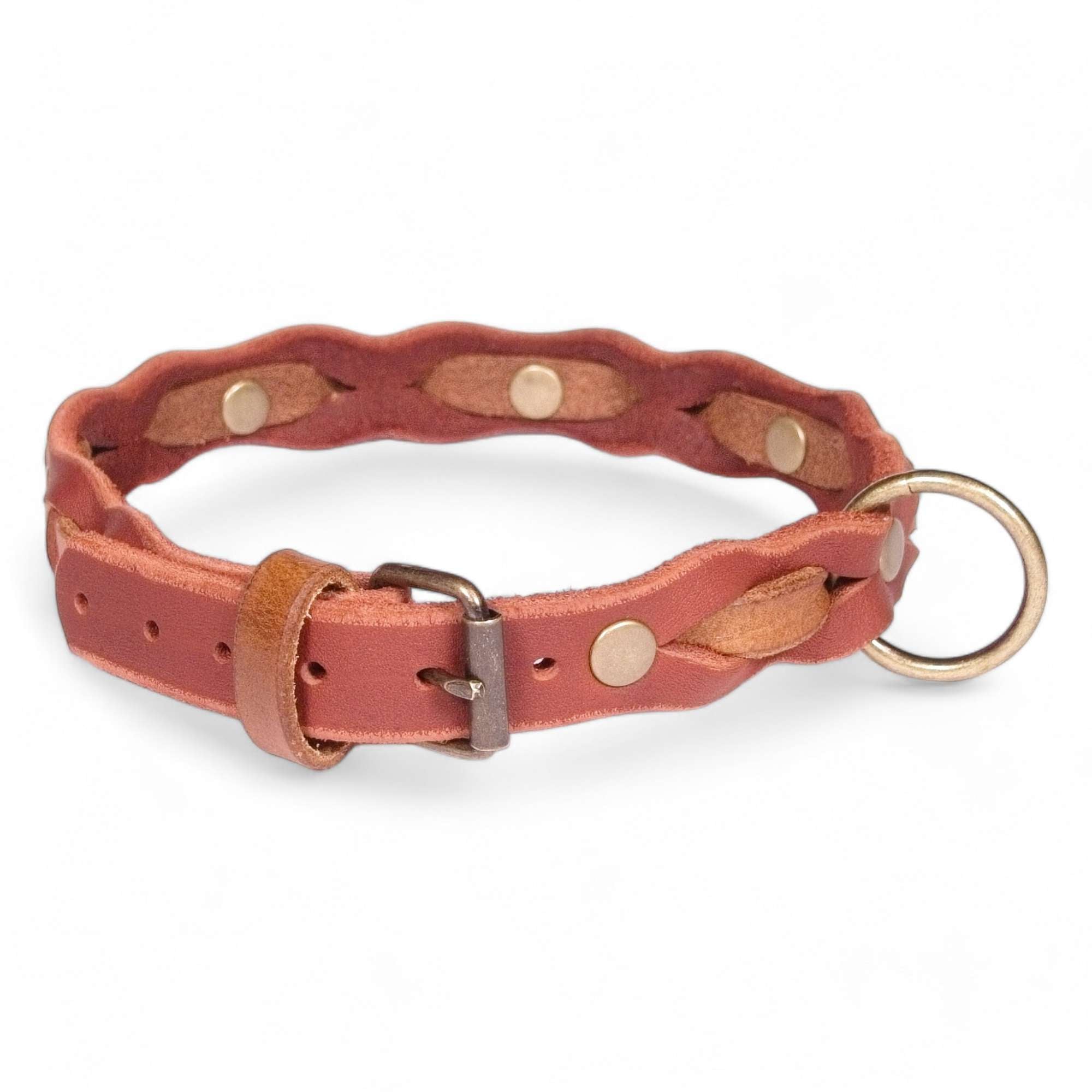 Zweifarbig geflochtenes Fettleder - Halsband mit Altmessing - Details - HappyHound